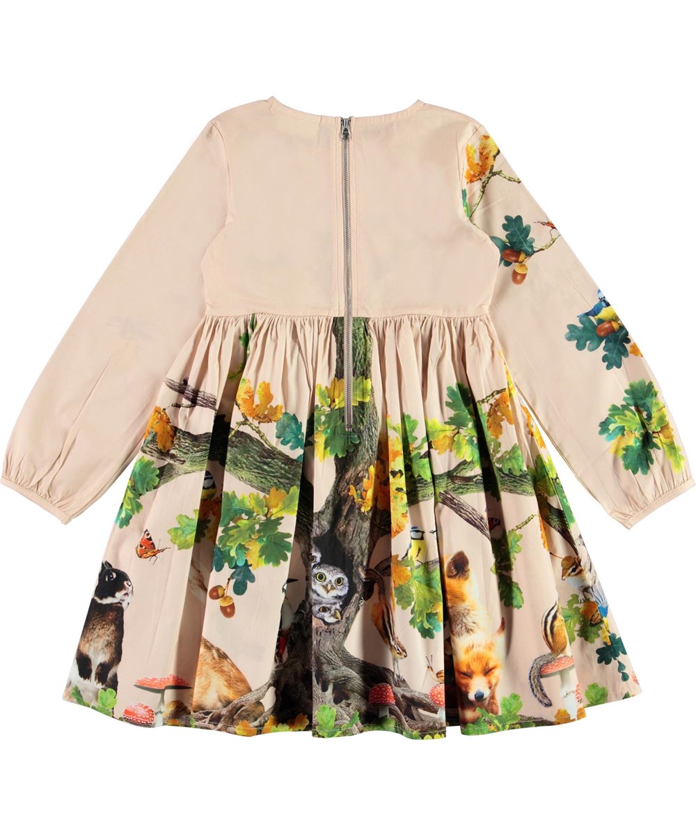 Christina - From Acorn - Öko rosa Kleid mit Wald und Tiere-Druck