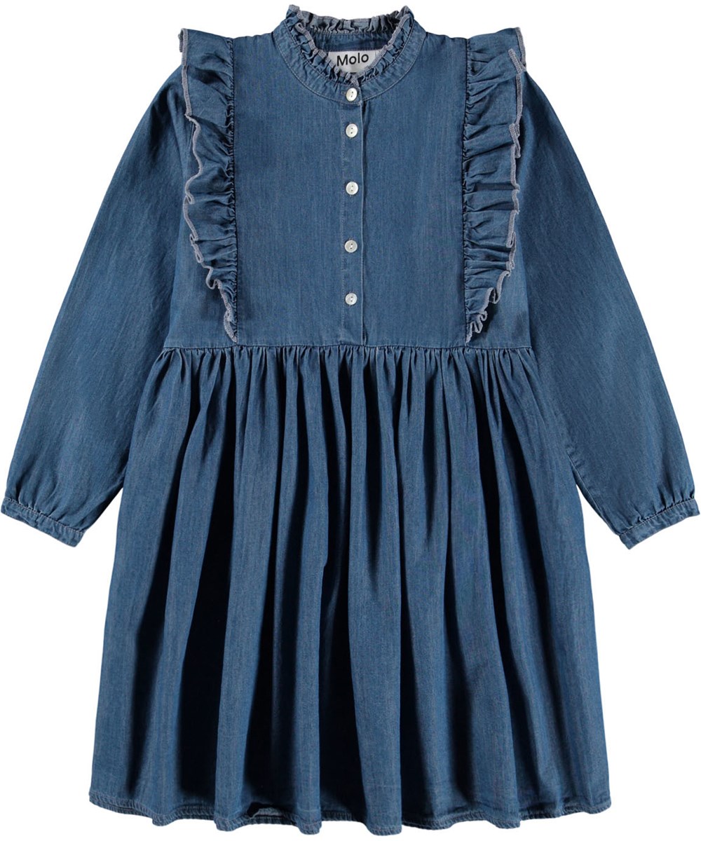 Christina - Washed Blue - Langärmeliges blaues Kleid für Kinder aus Öko-Baumwoll-Chambray.