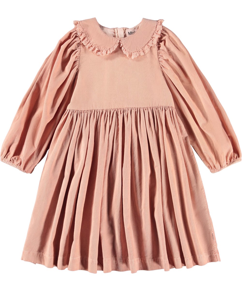 Christine - Rose Cloud - Rosa knielanges Kleid für Kinder aus Öko-Velours mit langen Ärmeln.