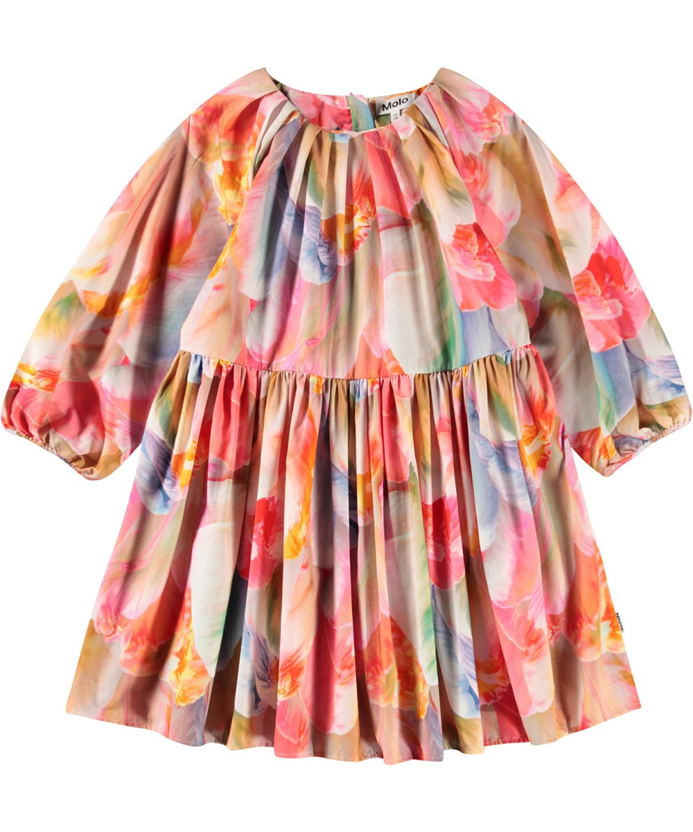 Ciera - Be A Tulip - Buntes Blumenkleid für Kinder aus Öko-Baumwolle mit Falten um den Ausschnitt herum.