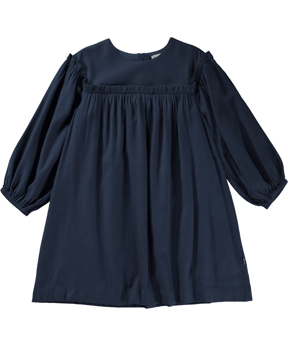 Cilla - Navy Sky - Dunkelblaues knielanges Kleid mit Rüschendetails