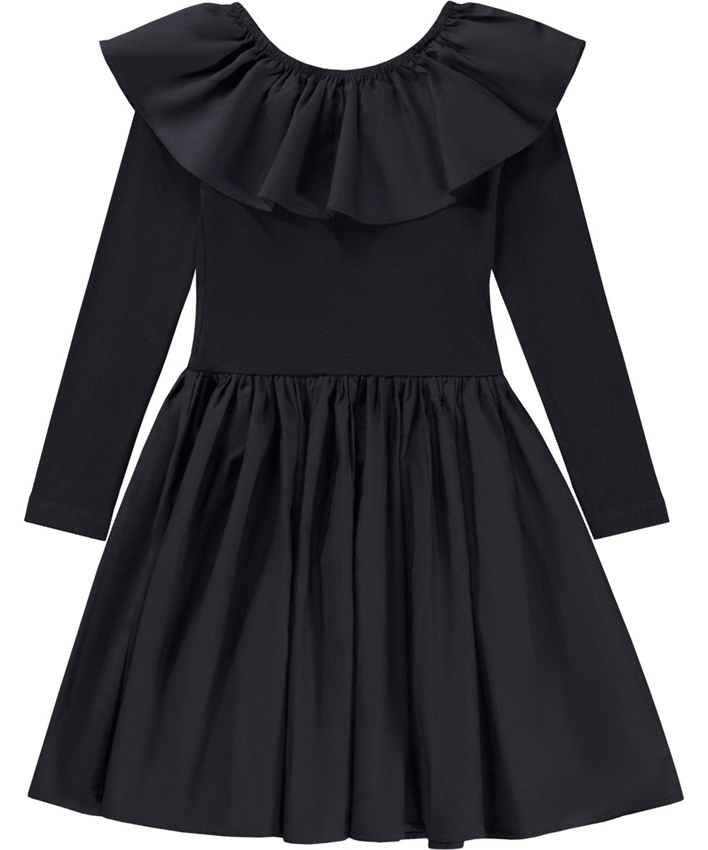 Cille - Black - Schwarzes Midi-Kleid aus Öko-Baumwolle mit enganliegendem Oberteil und voluminösem Rock.