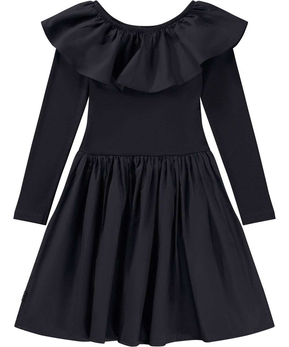 Cille - Black - Schwarzes Midi-Kleid aus Öko-Baumwolle mit enganliegendem Oberteil und voluminösem Rock.