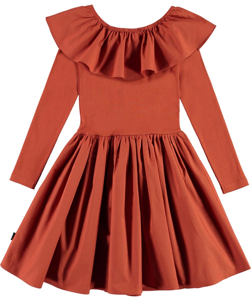 Cille - Burnt Brick - Öko braunes Kleid mit großem Rüschenkragen