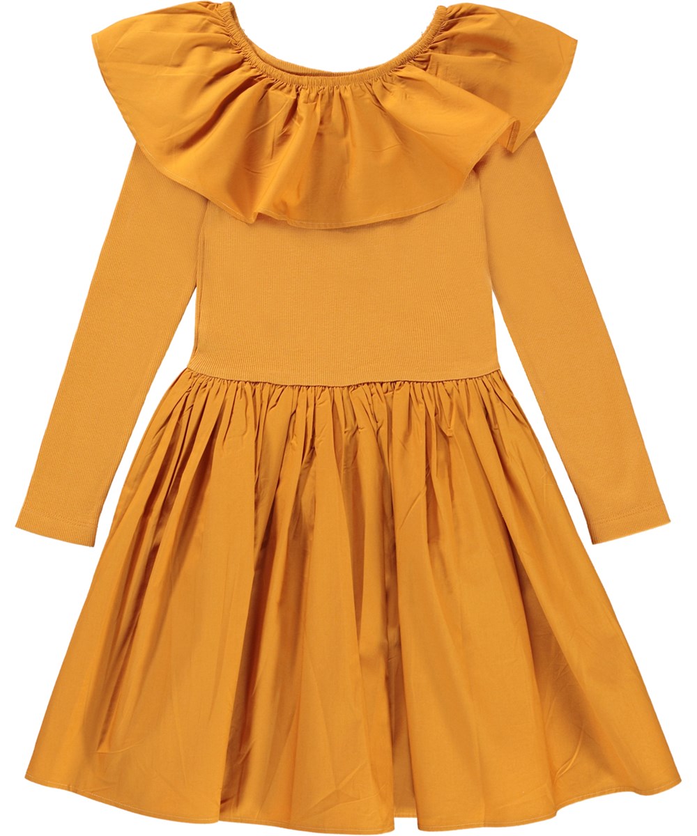 Cille - Old Gold - Öko goldenes Kleid mit Rüschenkragen