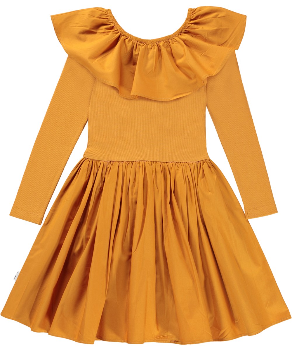 Cille - Old Gold - Öko goldenes Kleid mit Rüschenkragen