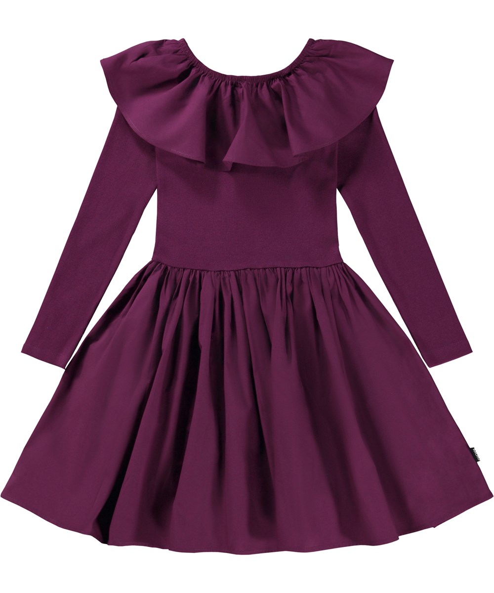 Cille - Purple Shadow - Knielanges Öko-Kleid in Violett mit Kragen und Rock aus Popeline