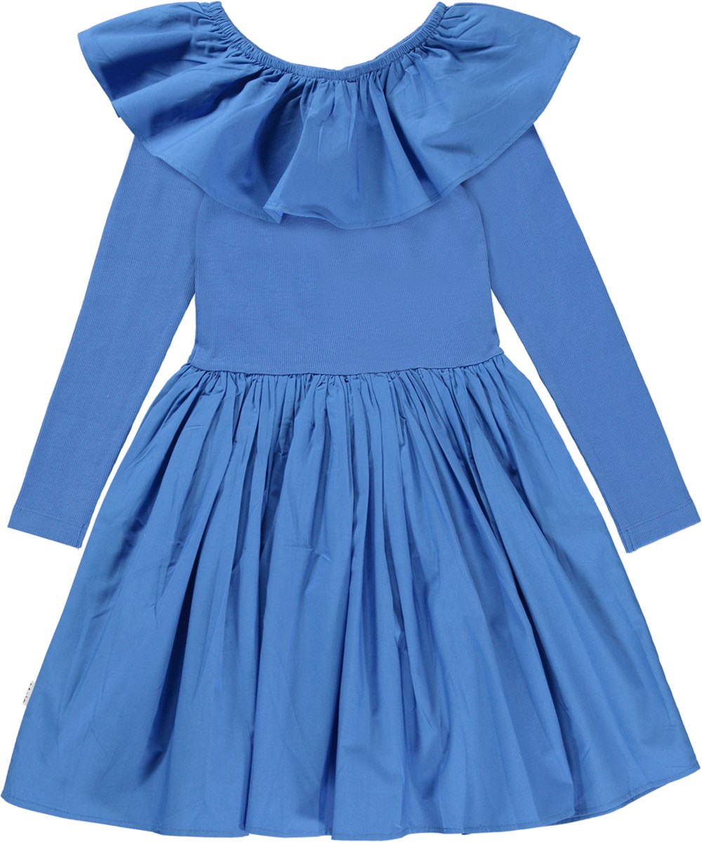 Cille - Stilleben Blue - Öko blaues Kleid mit Rüschenkragen