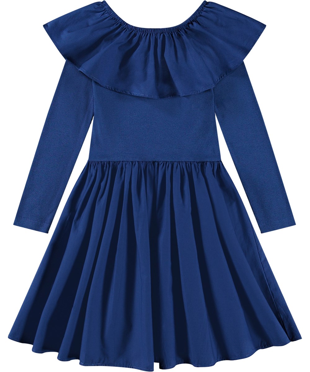 Cille - Vibrant Blue - Schulterfreies, dunkelblaues Knielanges Kleid mit eng anliegendem Oberteil und voluminösem Rock.