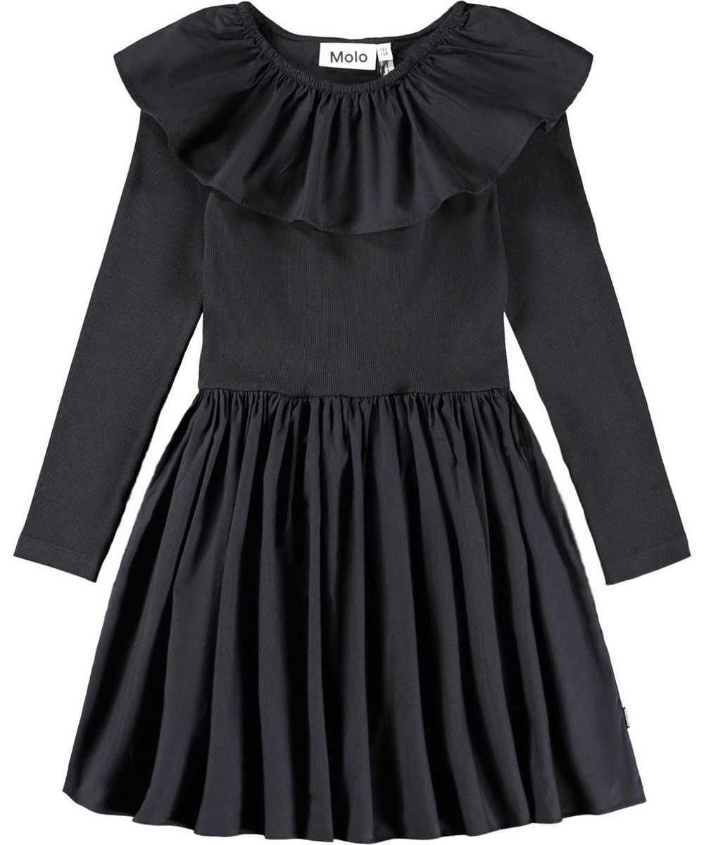 Cille - Black - Schwarzes knielanges Kleid für Kinder aus Öko-Baumwolle mit einem eng anliegenden Jersey-Oberteil, einem voluminösen Rock aus Baumwollpopeline und einem großen Popeline-Kragen.