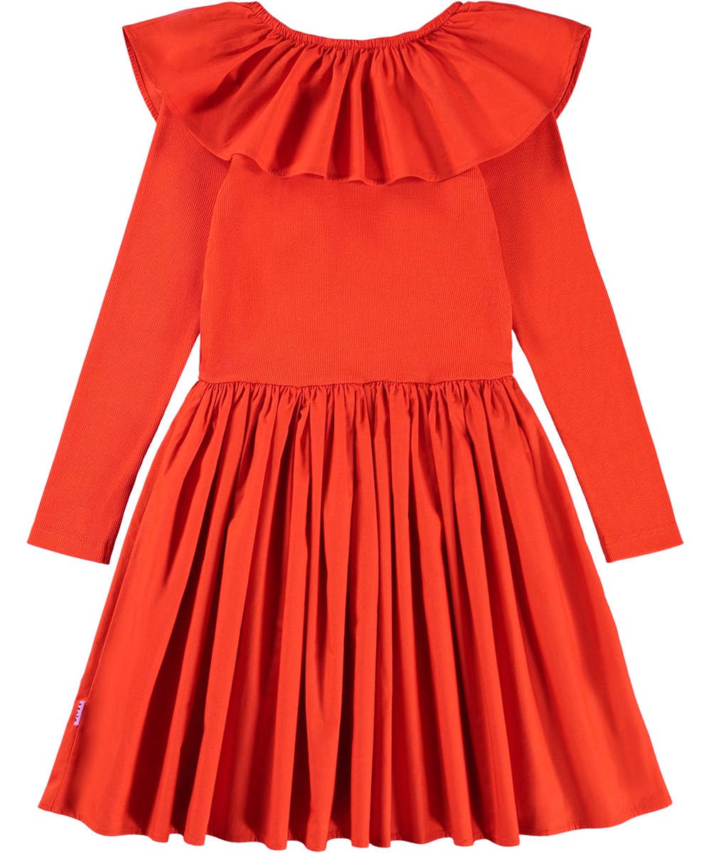 Cille - Rising Sun - Rotes knielanges Kleid für Kinder aus Öko-Baumwolle mit einem eng anliegenden Jersey-Oberteil, einem voluminösen Rock aus Baumwollpopeline und einem großen Popeline-Kragen.