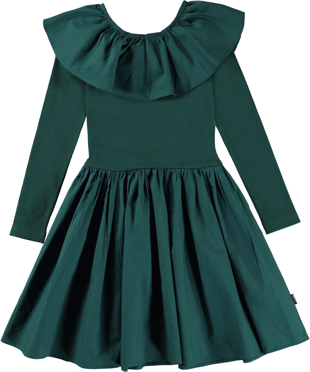 Cille - Wilderness - Öko dunkelgrünes Kleid mit Rüschenkragen