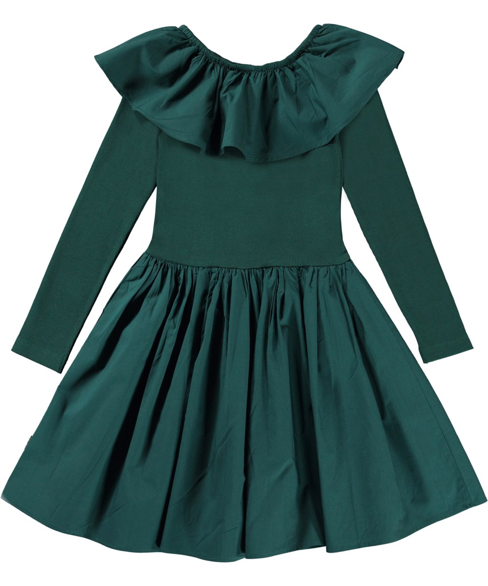 Cille - Wilderness - Öko dunkelgrünes Kleid mit Rüschenkragen