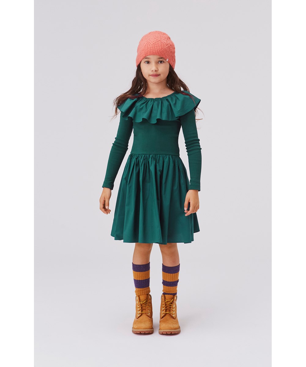 Cille - Wilderness - Öko dunkelgrünes Kleid mit Rüschenkragen