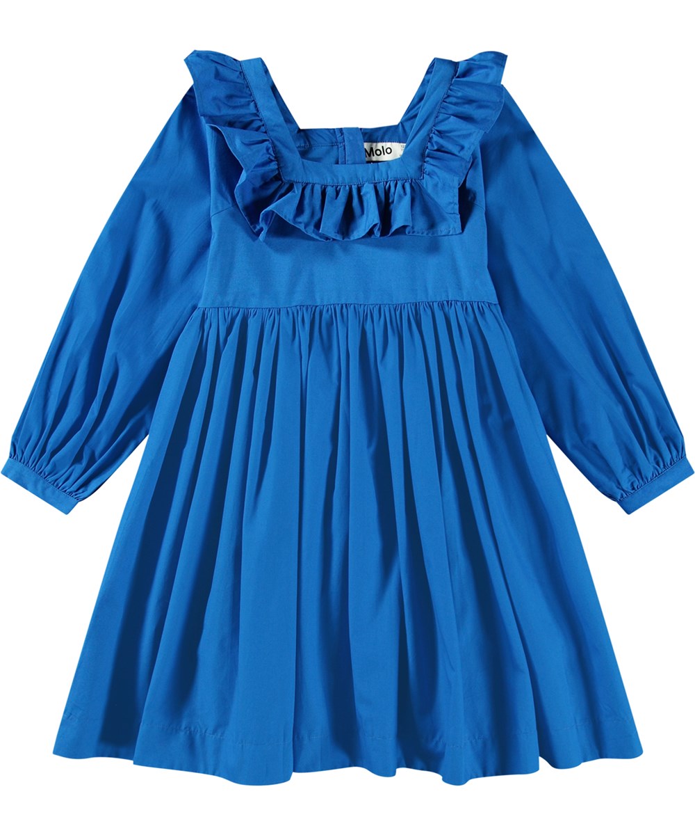 Cillie - Lapis Blue - Blaues knielanges Kleid aus Öko-Baumwolle mit eckigem Ausschnitt und Rüschenkante.