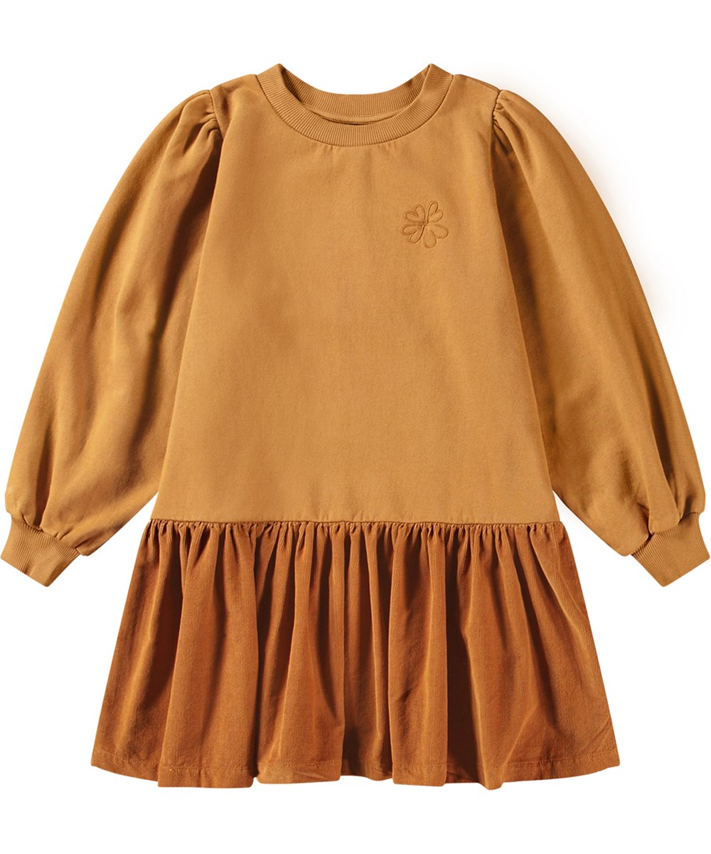 Cinna - Brown Sugar - Locker geschnittenes braunes Jerseykleid mit besticktem Herzkleeblatt.