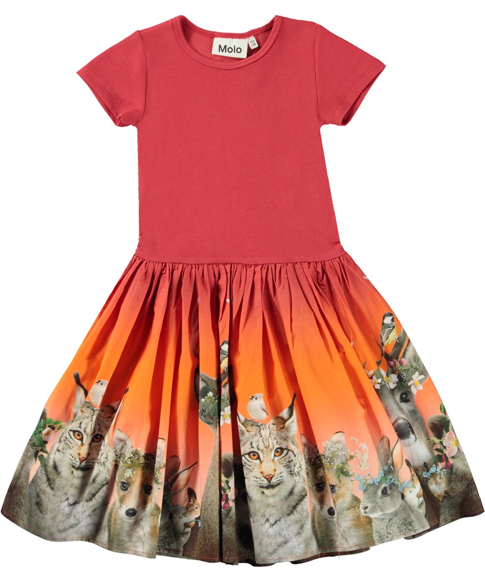 Cissa - Flower Crowns - Öko rotes Kleid mit Tiere-Druck