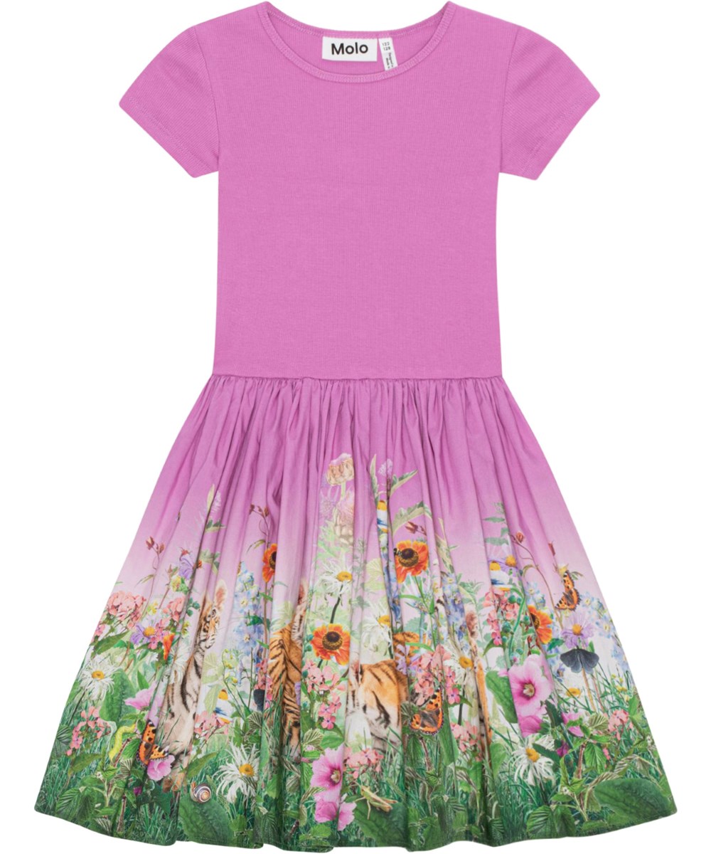 Cissa - Four Little Cubs - Lila Kleid aus Öko-Baumwolle mit einem Aufdruck aus Tigerbabys und Blumen