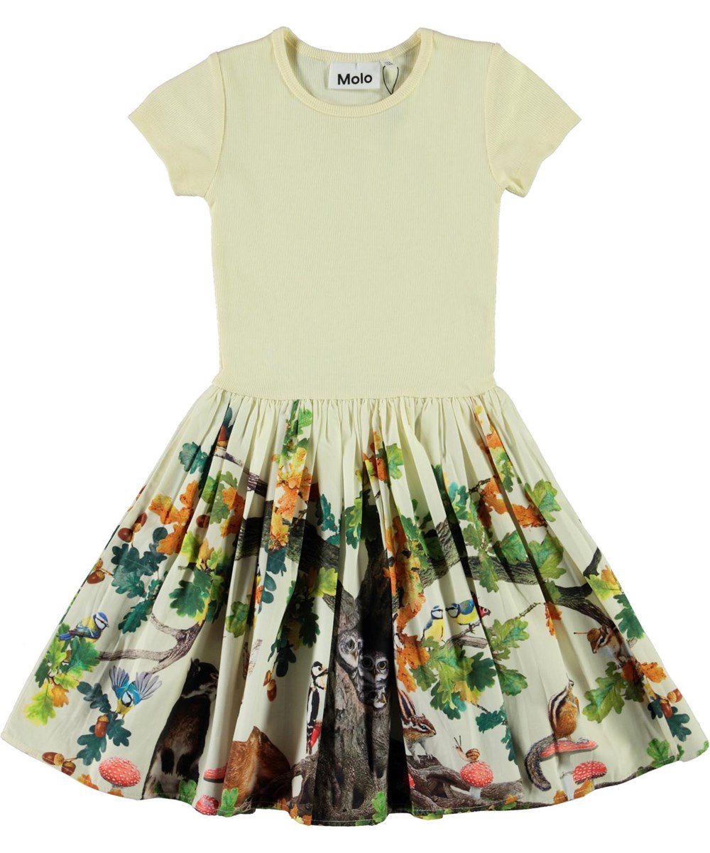 Cissa - From Acorn_Light - Hellgelbes Öko-Kleid mit Tier- und Walddruck