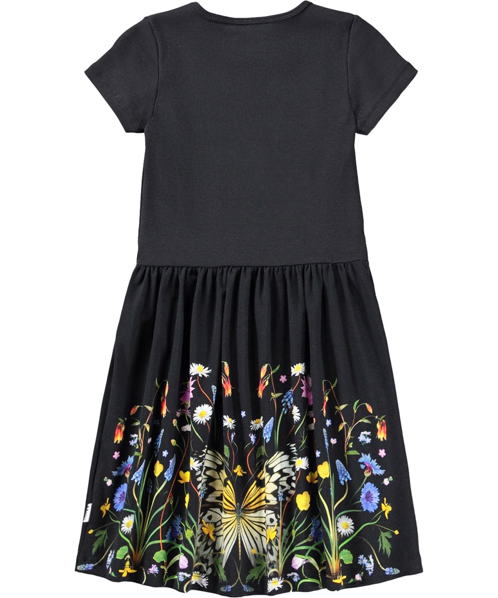 Cissa - Nouveau Butterfly - Schwarzes Kleid für Kinder aus Bio-Baumwolle mit Blumenmuster