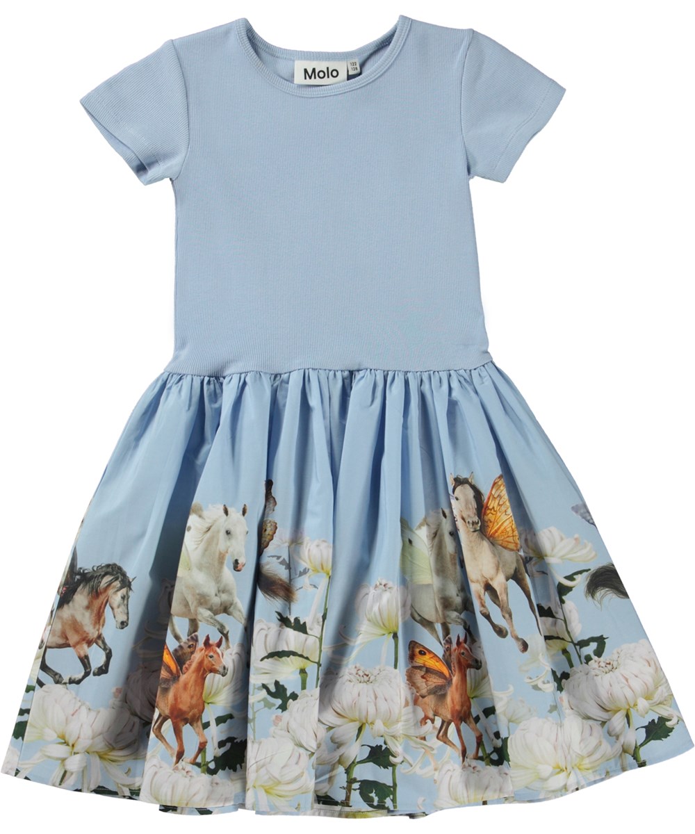 Cissa - Out In The Blue - Hellblaues Öko-Kleid mit Rock aus Popeline und Pferdeaufdruck