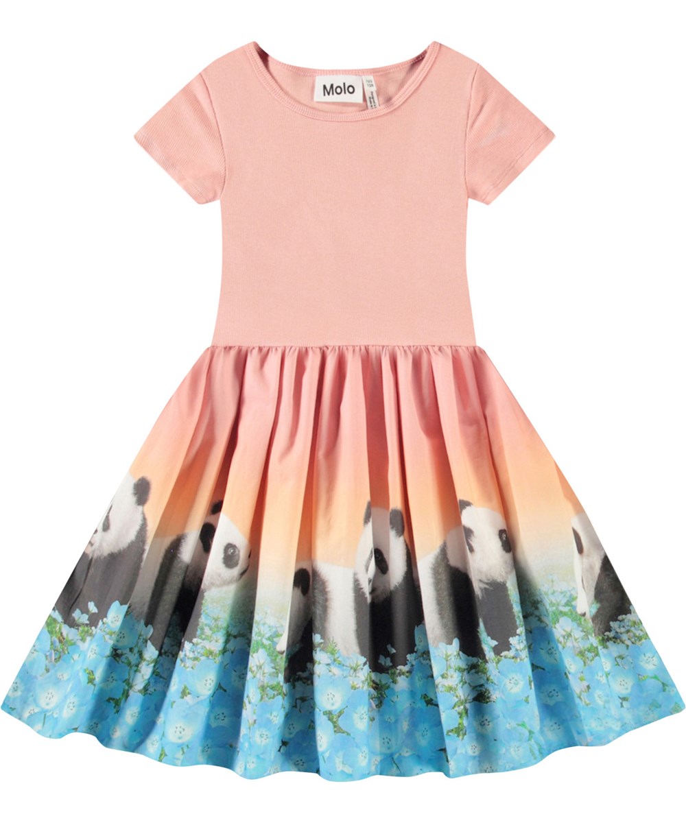 Cissa - Pandamazing - Rosa kurzärmeliges Kleid für Kinder aus Öko-Baumwolle mit einem eng anliegenden gerippten Jersey-Oberteil und einem Popeline-Rock.