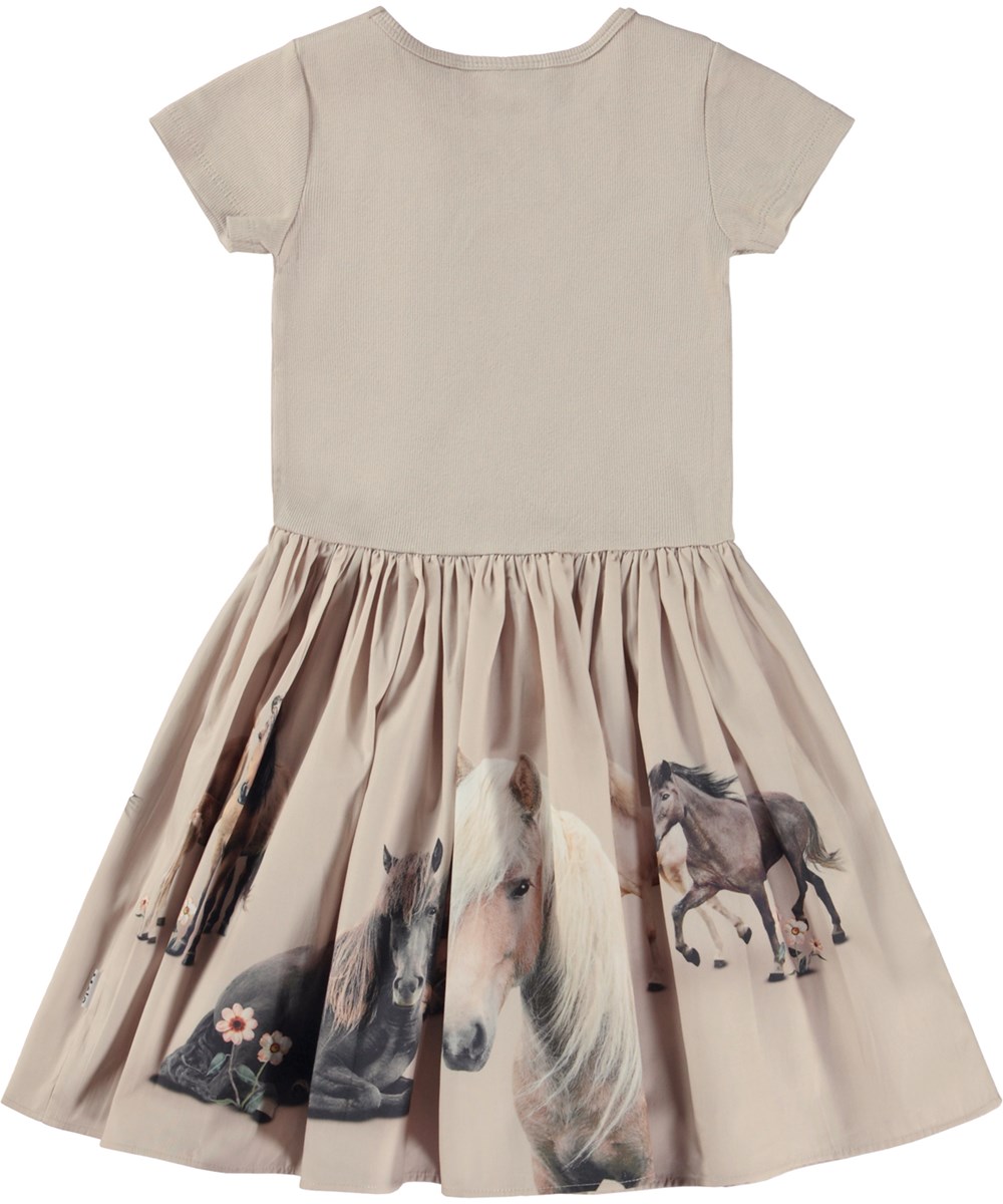 Cissa - Pony Family - Knielanges Öko-Kleid in Beige mit Rock aus Popeline mit Pferdeaufdruck