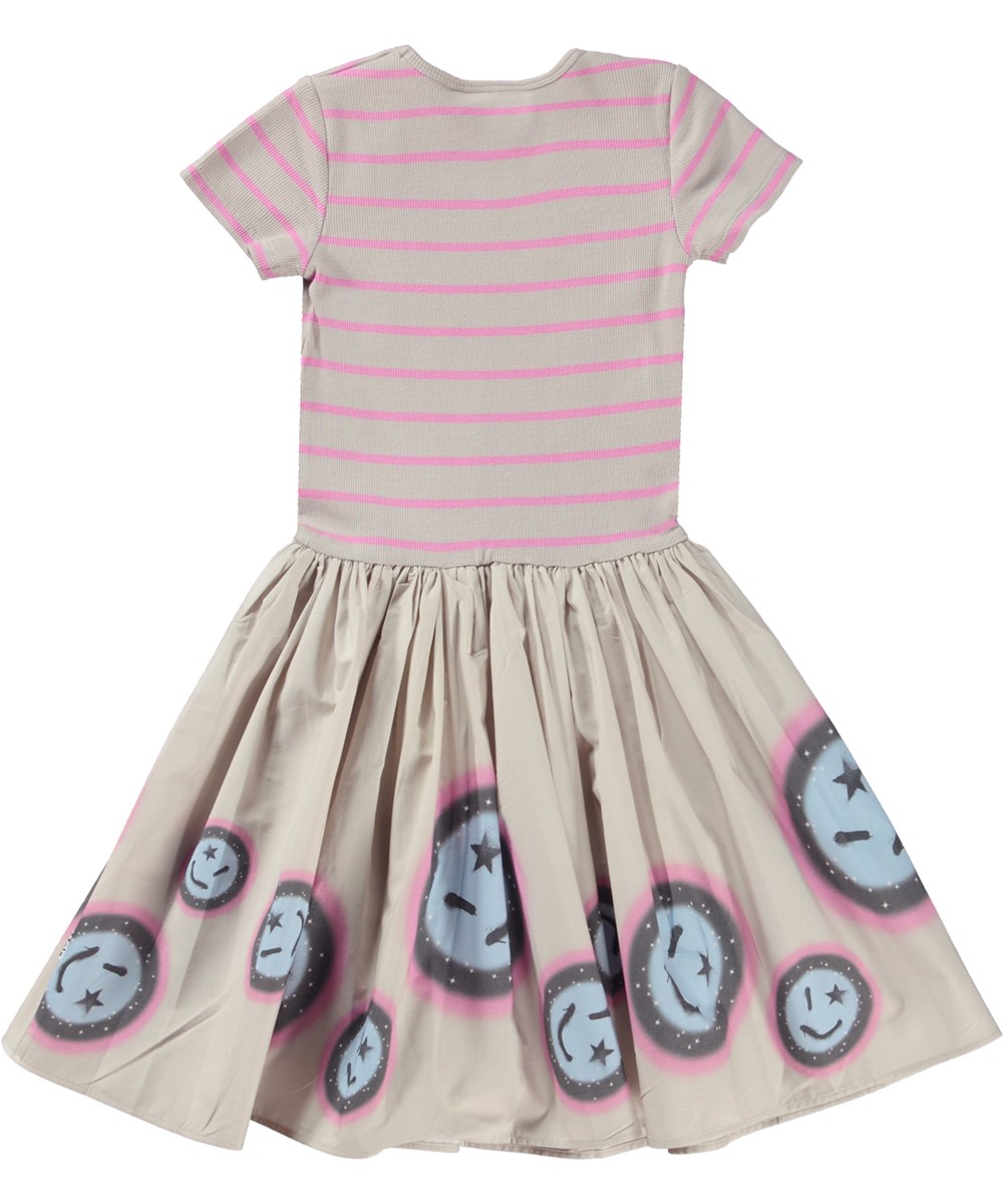 Cissa - Space Smiles - Gestreiftes Öko-Kleid in Taupe und Rosa mit Rock aus Popeline und Smiley-Print