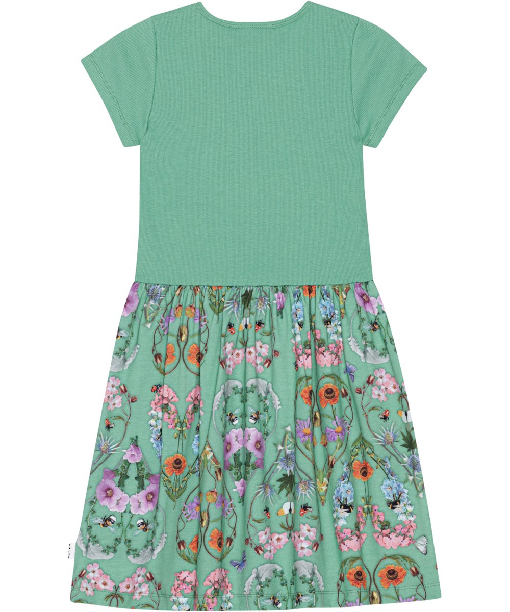 Cissa - With Love - Kurzärmliges grünes Kleid mit rundem Rock aus Öko-Baumwolle mit Blumendruck