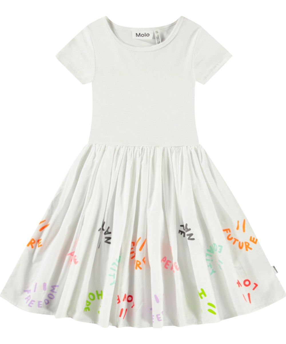 Cissa - Words Of Hope - Weißes kurzärmeliges Kleid für Kinder aus Öko-Baumwolle mit einem eng anliegenden gerippten Jersey-Oberteil und einem Popeline-Rock.