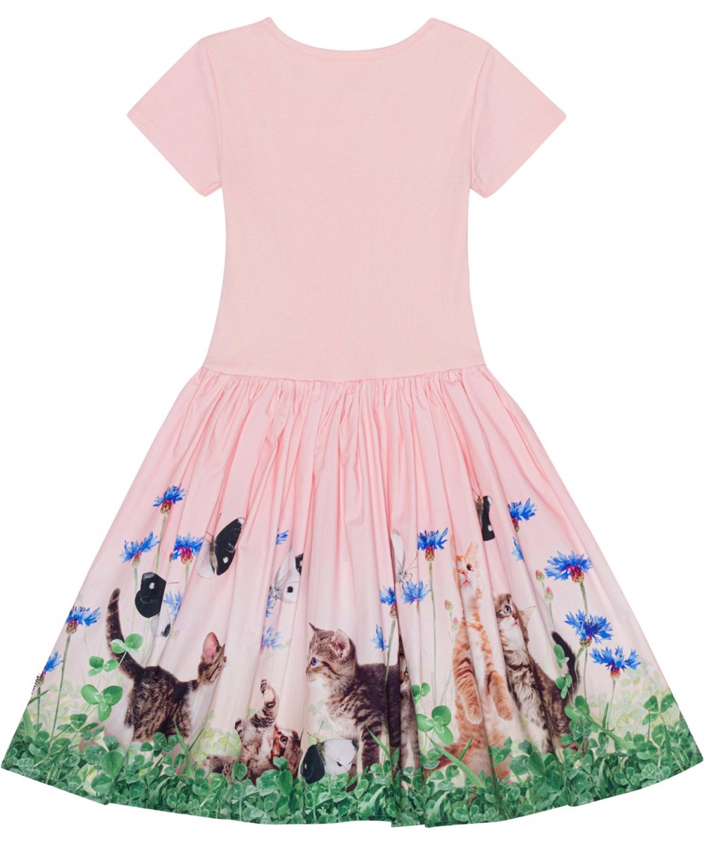 Cissa - Yin Yang Kitten - Rosafarbenes Kurzarmkleid mit rund geschnittenem Rock aus Öko-Baumwolle