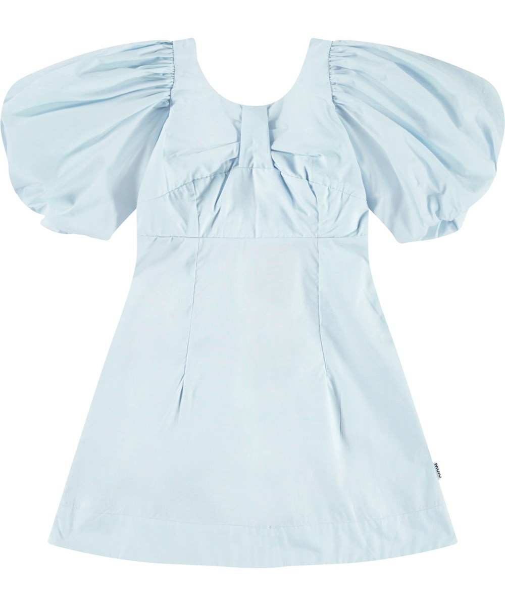 Cissy - Skywriting - Hellblaues Kleid aus Öko-Baumwolle für Kinder mit Puffärmeln.