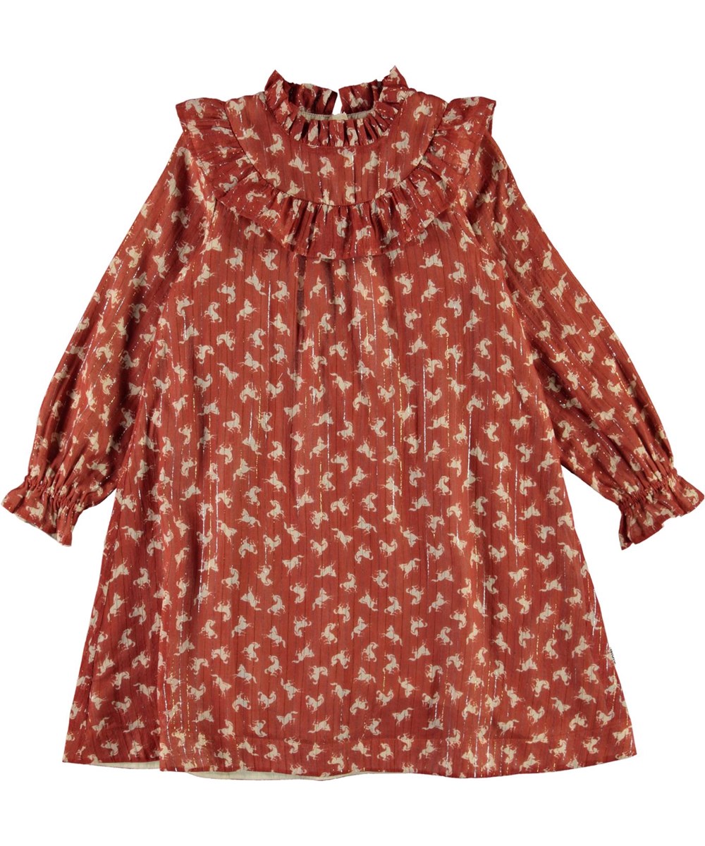 Clair - Mini Horse Woven - Braunes Kleid mit Pferden, Glitzer und Rüschenkragen
