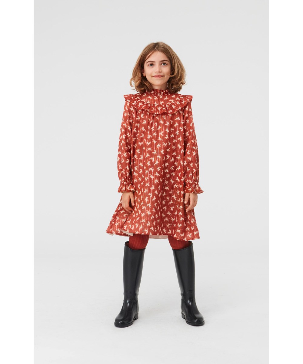 Clair - Mini Horse Woven - Braunes Kleid mit Pferden, Glitzer und Rüschenkragen