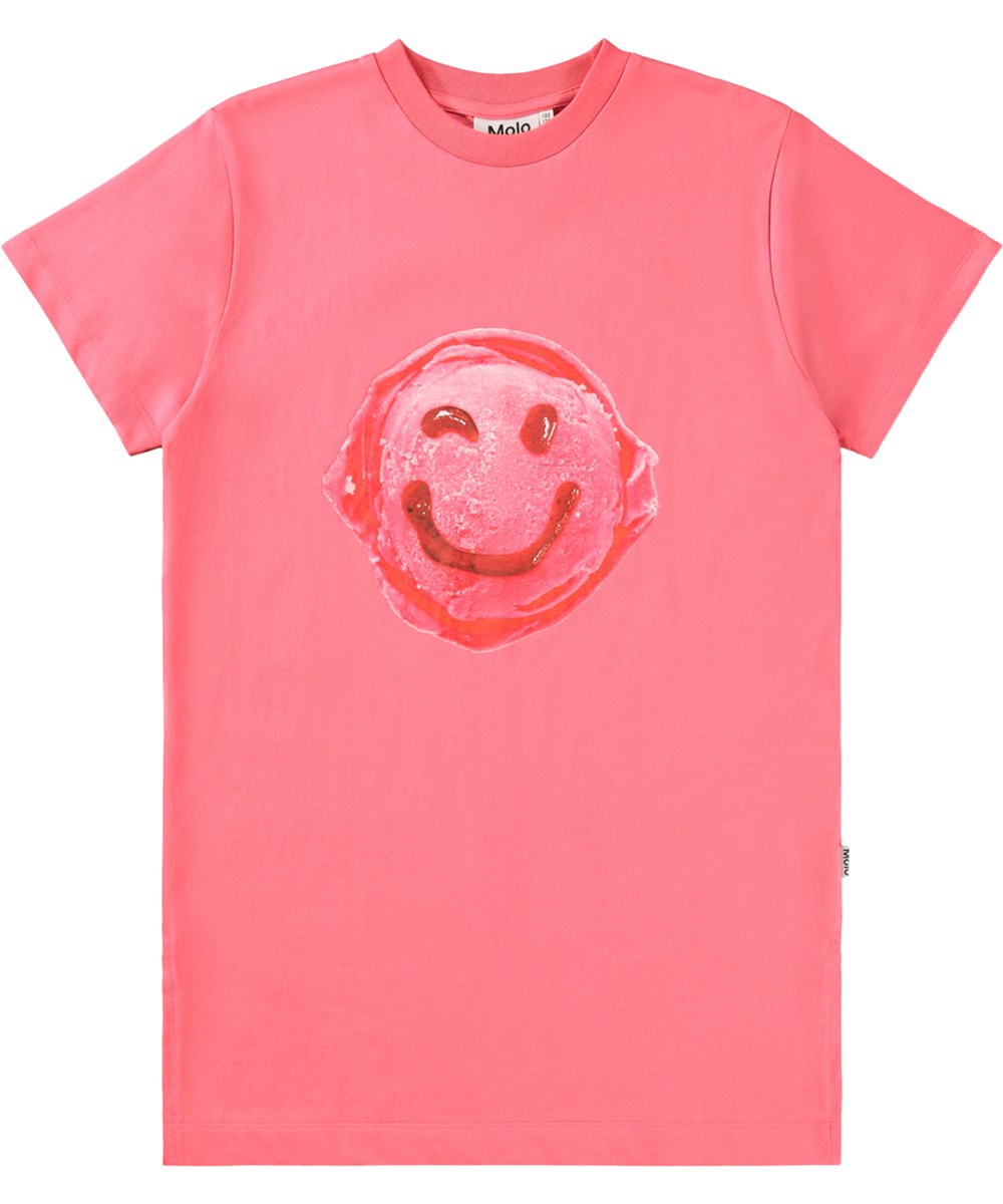 Clarabella - Scoop Raspberry - Rosa T-Shirt-Kleid aus Bio-Baumwolle mit Druck.