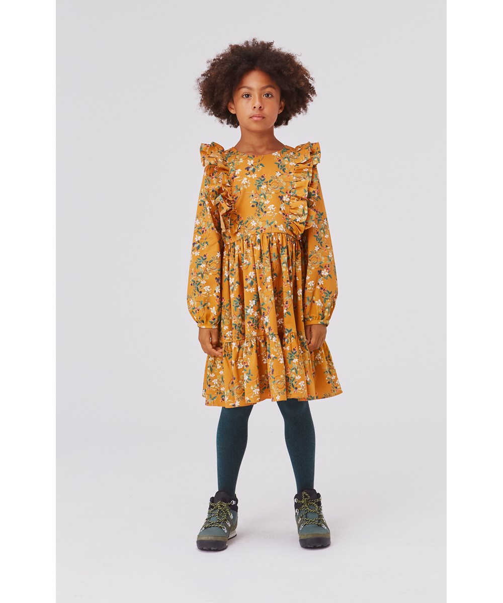 Clea - Bramble Gold - Öko goldenes Kleid mit Brombeerdruck