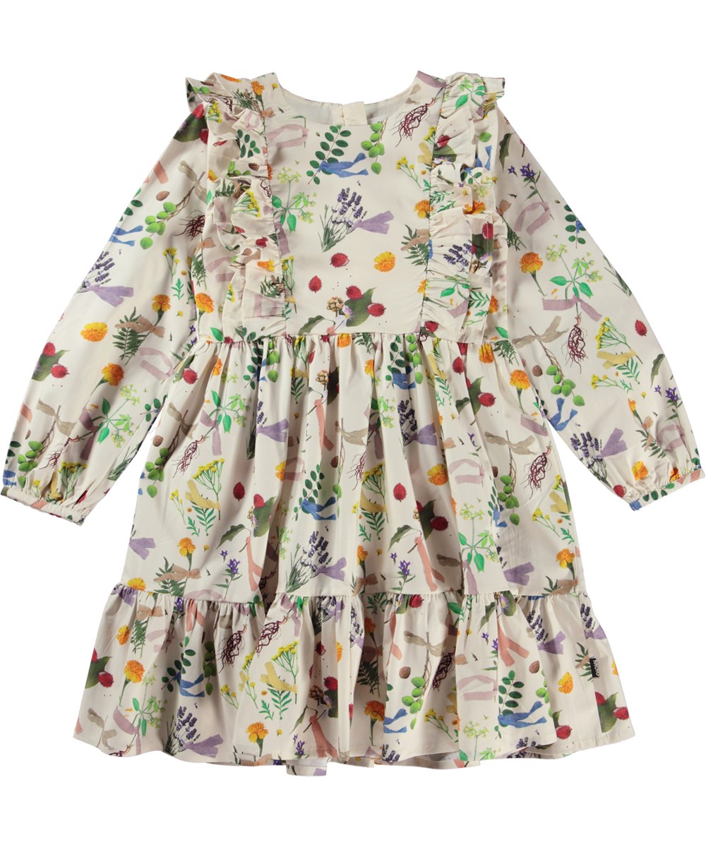 Clea - Plant Dye White - Weißes Öko-Kleid mit Blumendruck