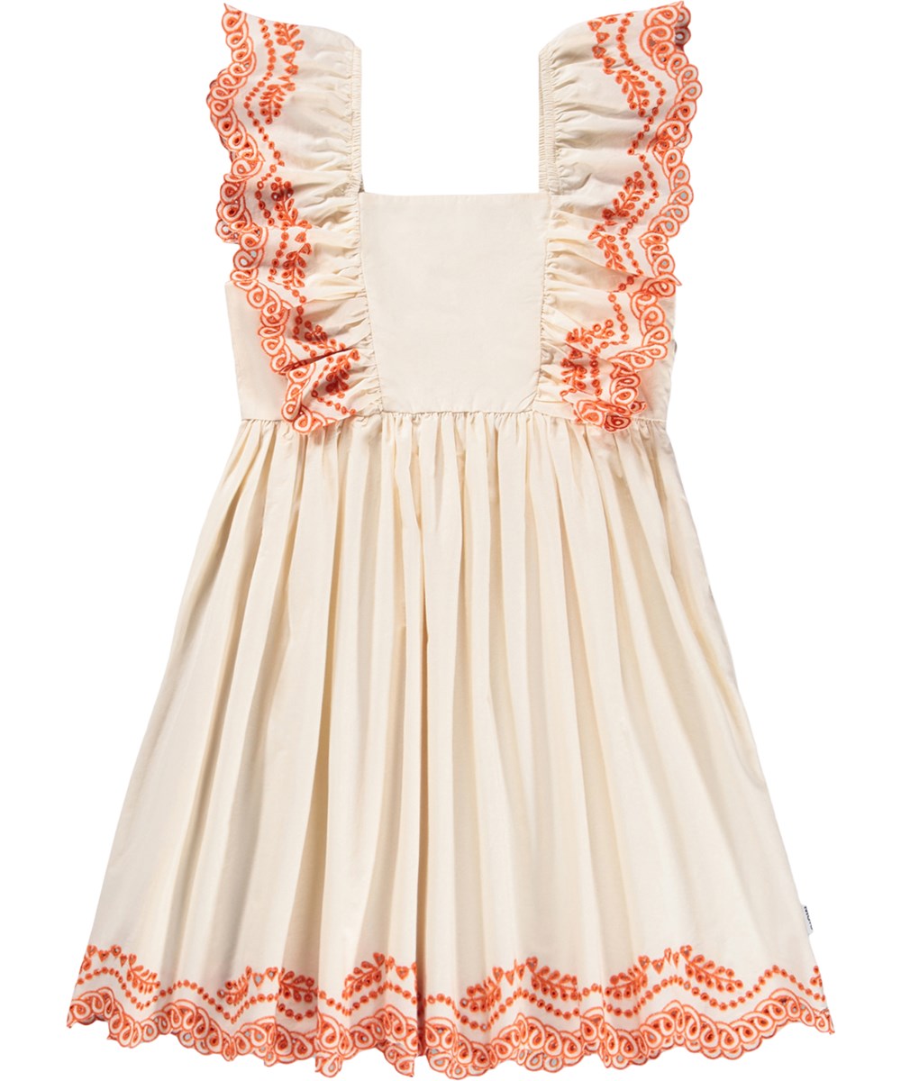 Clementine - Pearled Ivory - Knielanges cremefarbenes Kinderkleid aus Öko-Baumwolle mit Stickerei