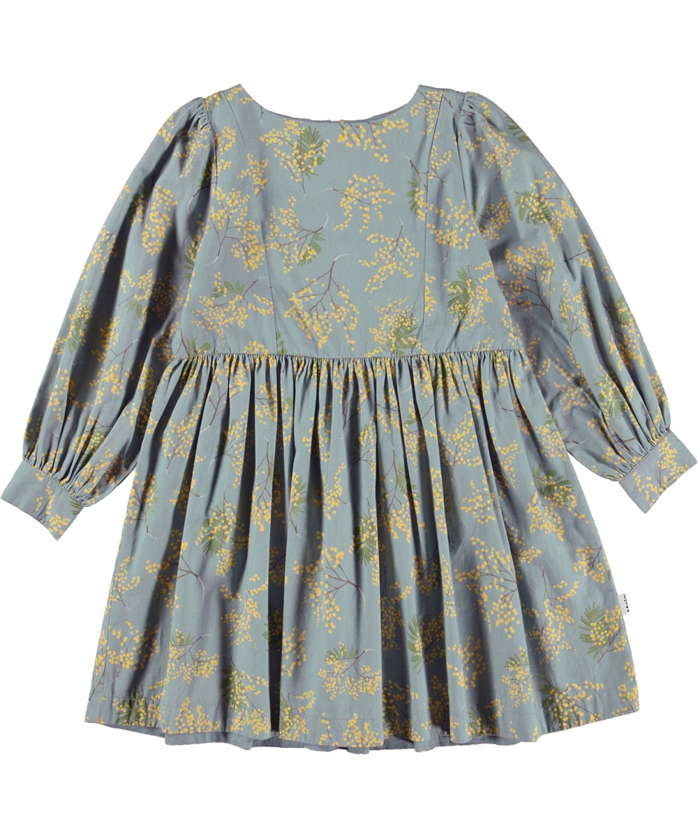 Cleo - Mimosa Blue - Staubblaues Midikleid mit Mimosen-Print