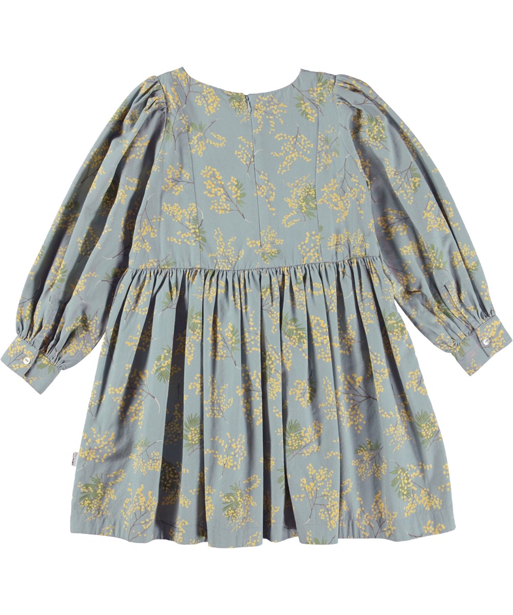 Cleo - Mimosa Blue - Staubblaues Midikleid mit Mimosen-Print