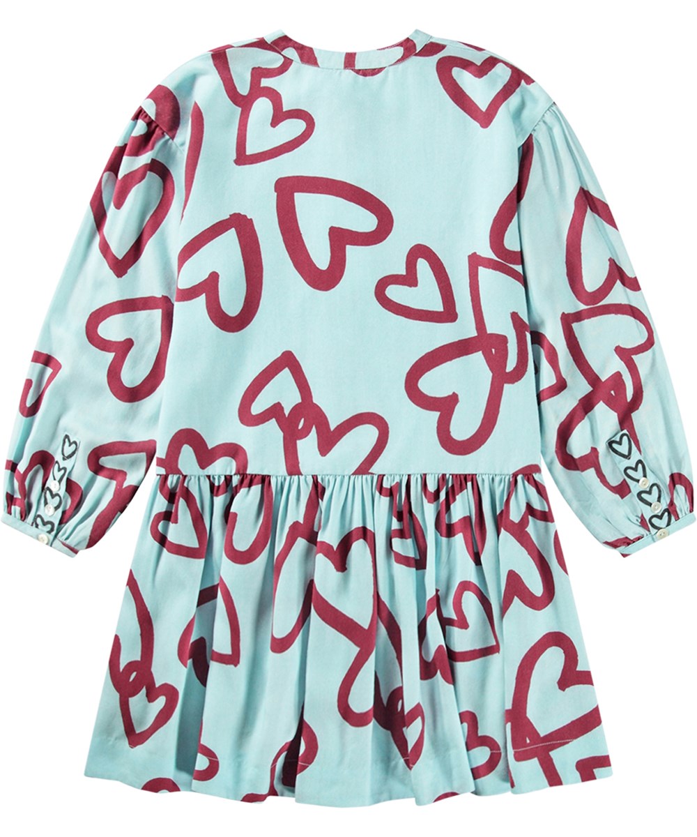 Cloud - Velvety Hearts - Blaues Kleid aus weicher Viskose mit einem Druck von rot handgemalten Herzen.