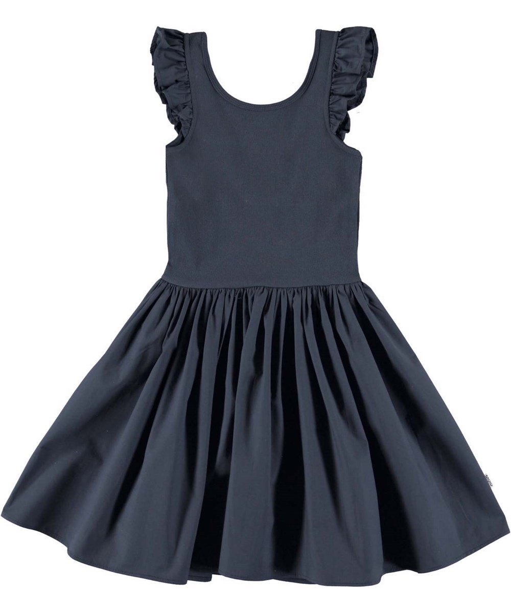 Cloudia - Blue Nights - Dunkelblaues Kleid mit Rüschenkante an den Schultern