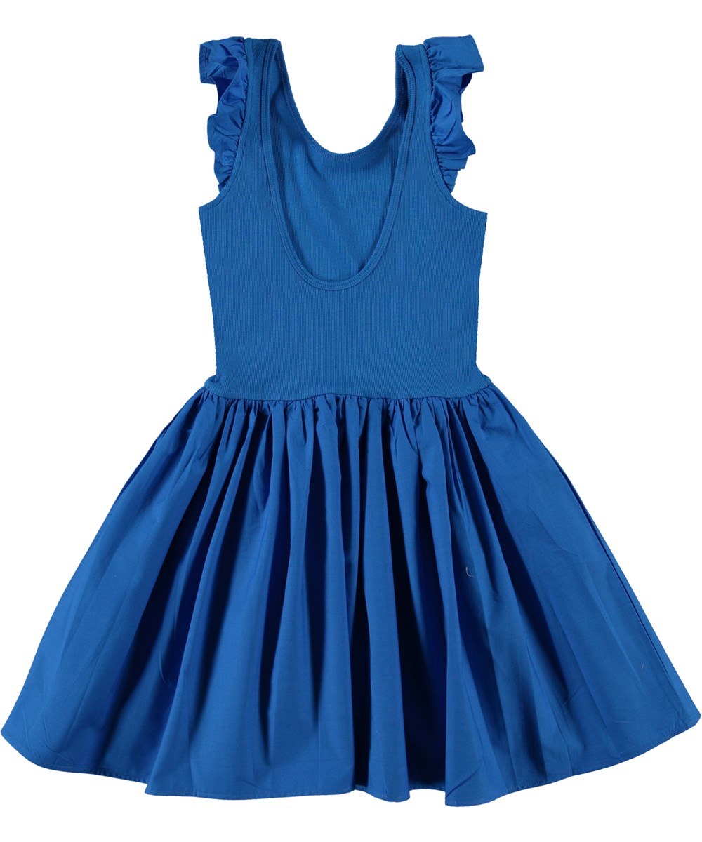 Cloudia - Lapis Blue - Dunkelblaues Kleid aus Öko-Baumwolle mit Rüschen an der Schulter