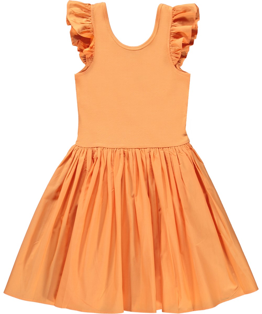 Cloudia - Papaya - Orangefarbenes Kleid aus Öko-Baumwolle mit Rüschen an der Schulter