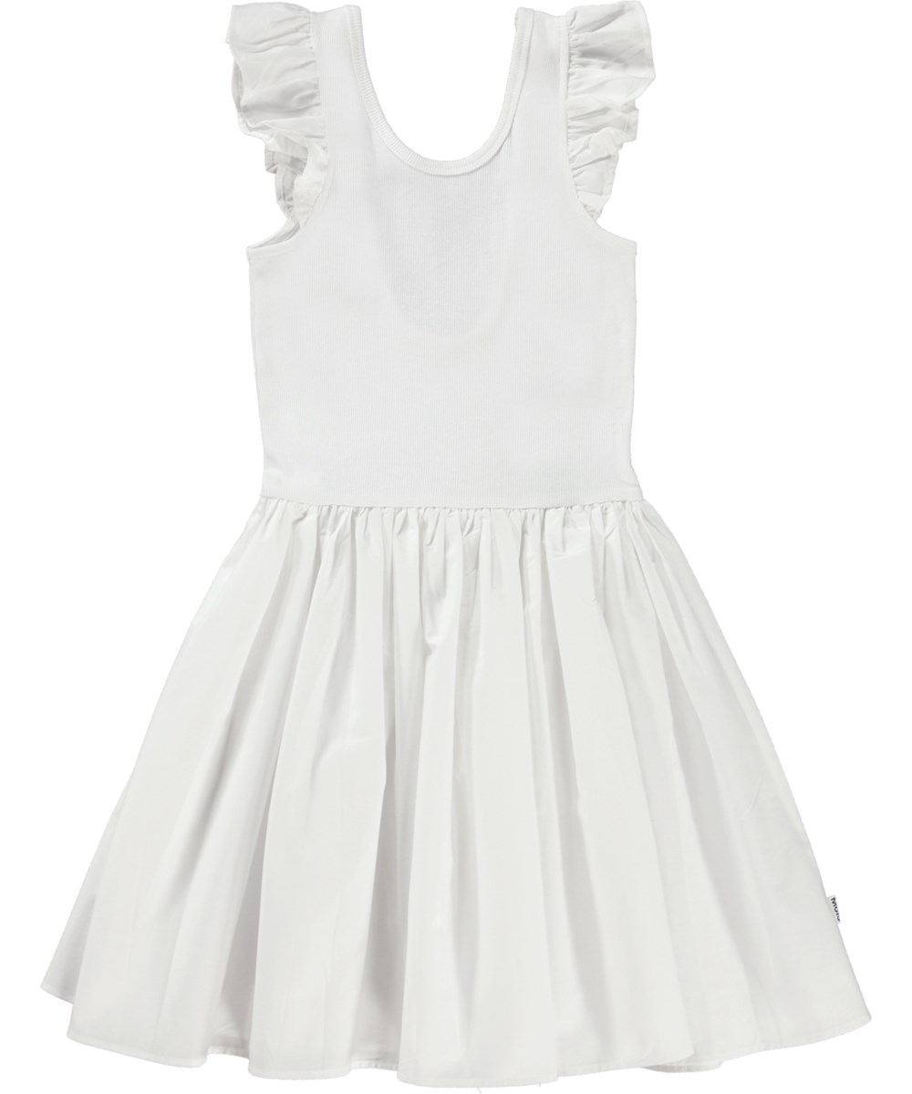 Cloudia - White - Weißes Kleid aus Öko-Baumwolle mit Rüschen an der Schulter