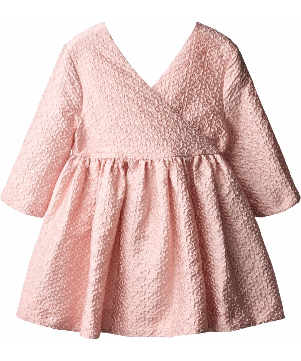 Coco - Foxglove Light - Voluminöses rosa Kleid für Kinder mit einem Jacquard-Blumenmuster und einer großen Schleife am Rücken.