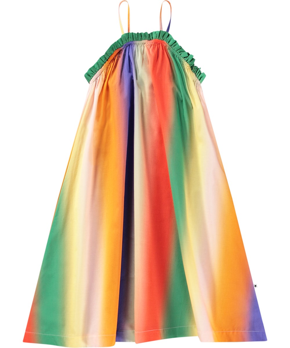 Connie - Big Rainbow - Bunt gestreiftes lockeres Kleid für Kinder aus Öko-Baumwolle mit dünnen Trägern und Rüschenkante.