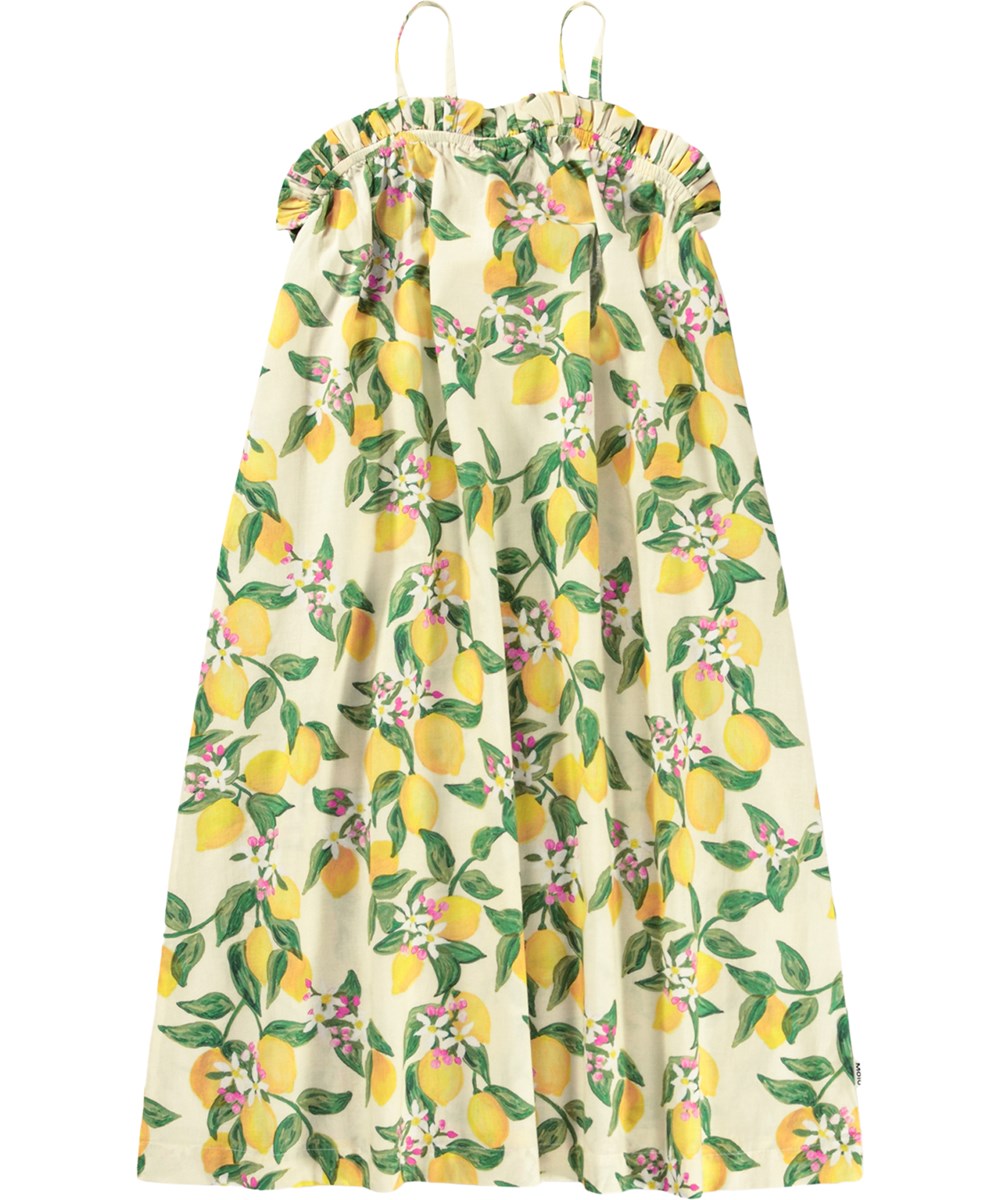 Connie - Citrus - Gelbes Trägerkleid für Kinder mit Zitrusdruck aus Bio-Baumwolle.