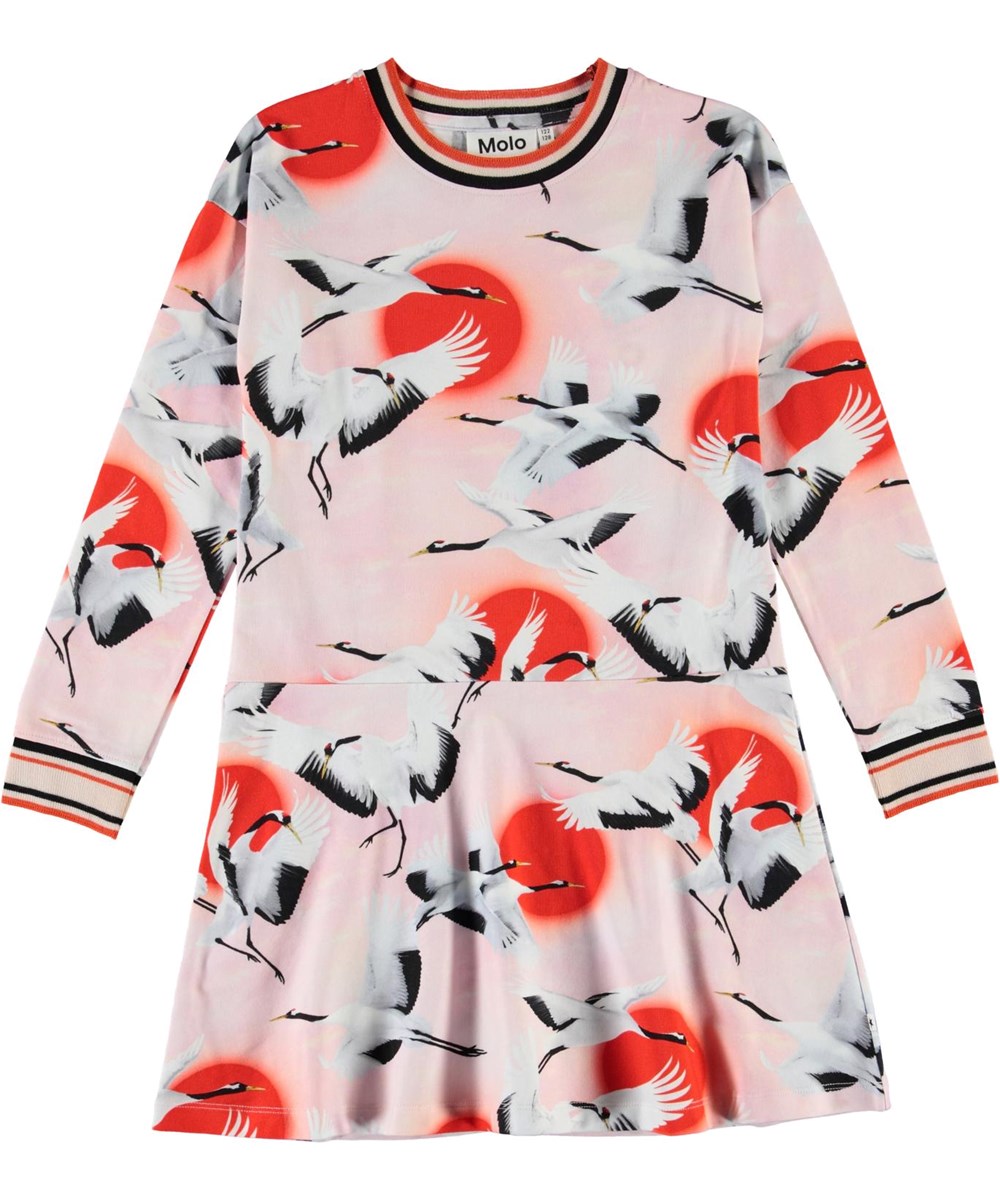 Conny - Sunrise Cranes - Rosa Öko-Kleid mit Kranich-Druck