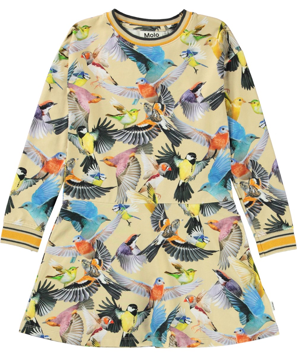 Conny - Whimsical - Hellgelbes Öko-Kleid mit Vogelaufdruck